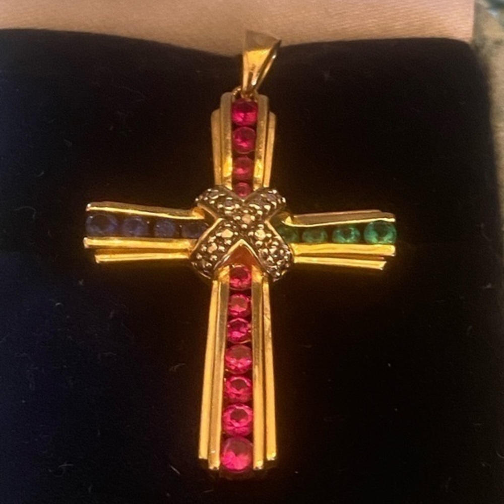 925 Sterling Silver Gold Plated Cross￼ Sapphire ￼￼ Emerald Ruby ￼￼Pendant